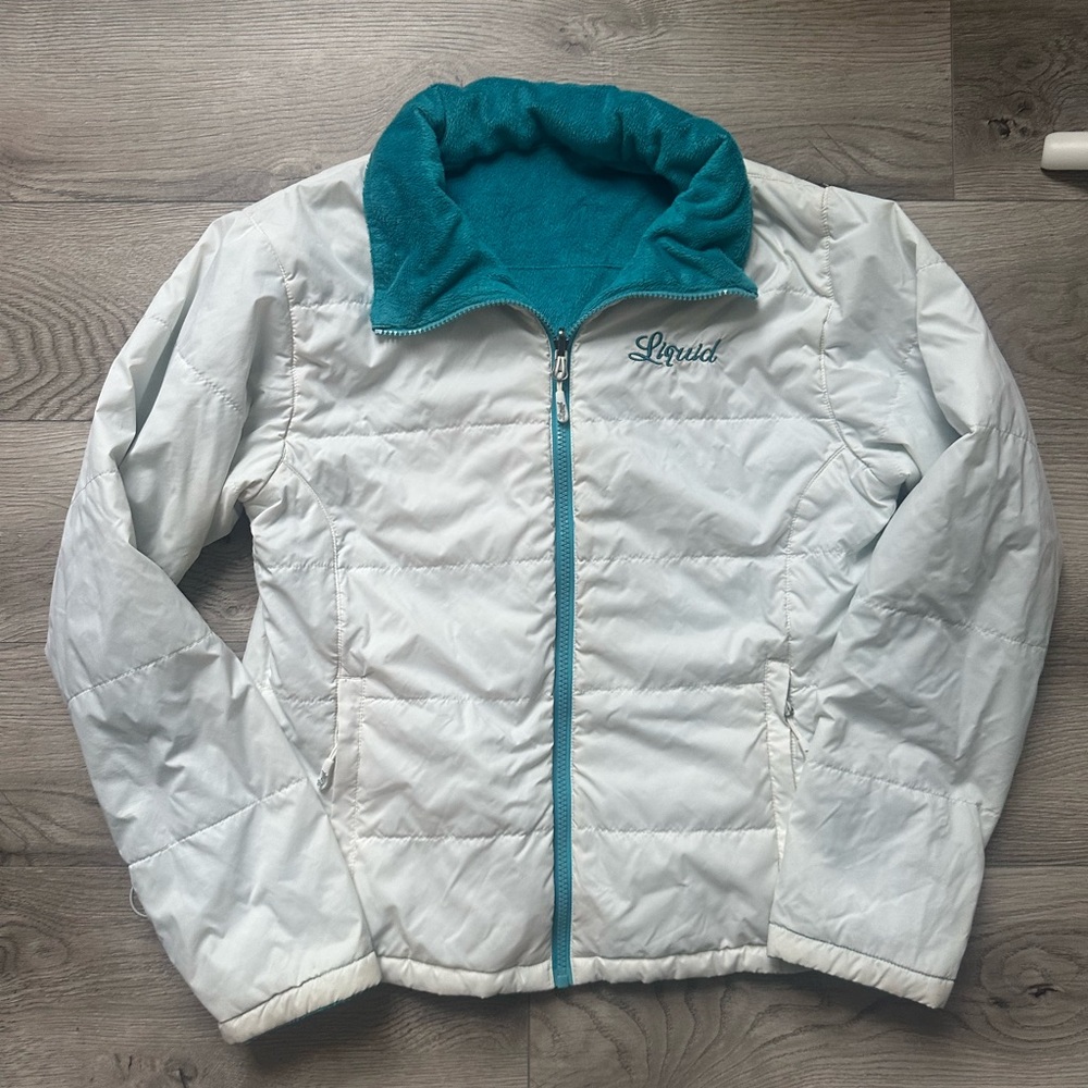 Liquido White Puffer Jacket with Teal Trim